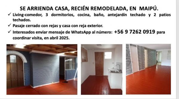 ARRIENDO CASA RECIÉN REMODELADA 