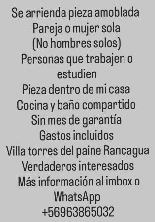 ARRIENDO PIEZA AMOBLADA PARA PAREJA O MUJER SOLA 
